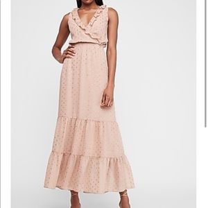 NWT Express Metallic Clip Dot Ruffle Maxi Dress
